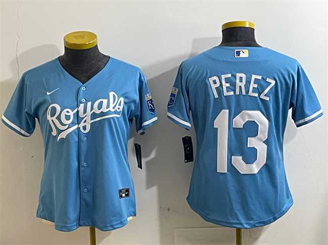 Womens Kansas City Royals #13 Salvador Perez Light Blue Cool Base Stitched Jersey->mlb womens jerseys->MLB Jersey